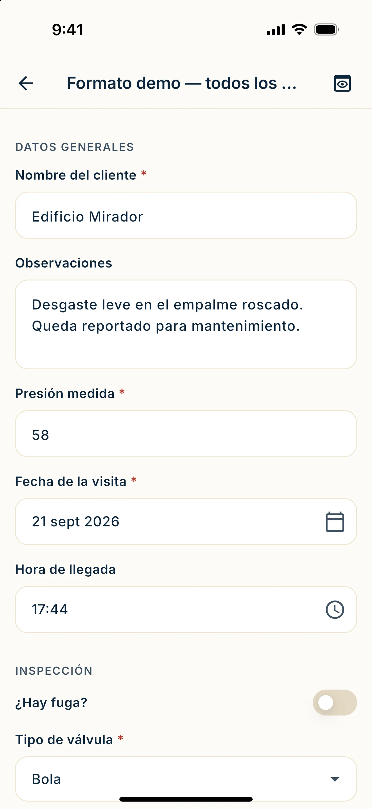 Formulario de inspección en la app móvil de Kamplix