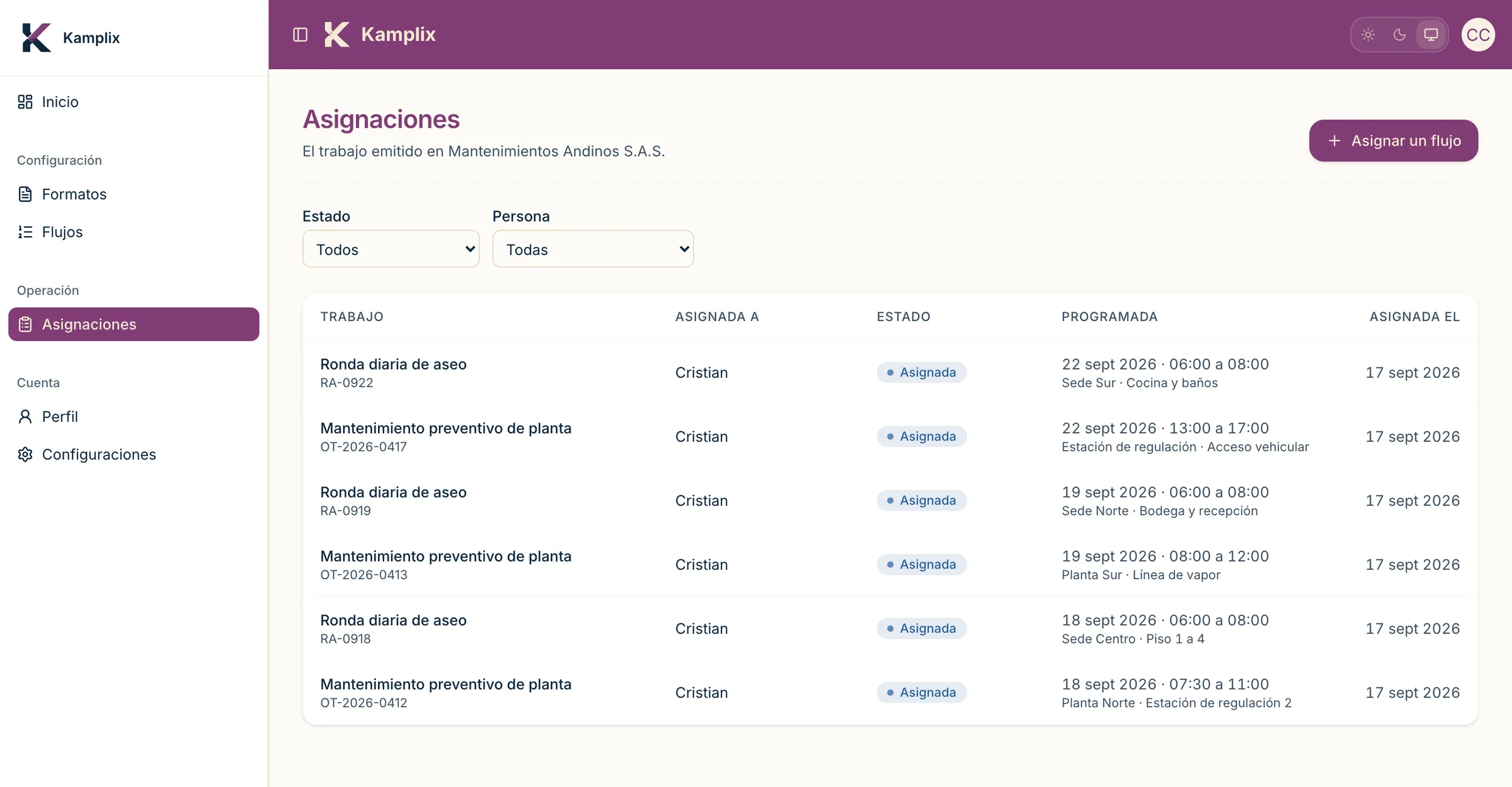 Lista de asignaciones de Kamplix con técnico, formato y estado