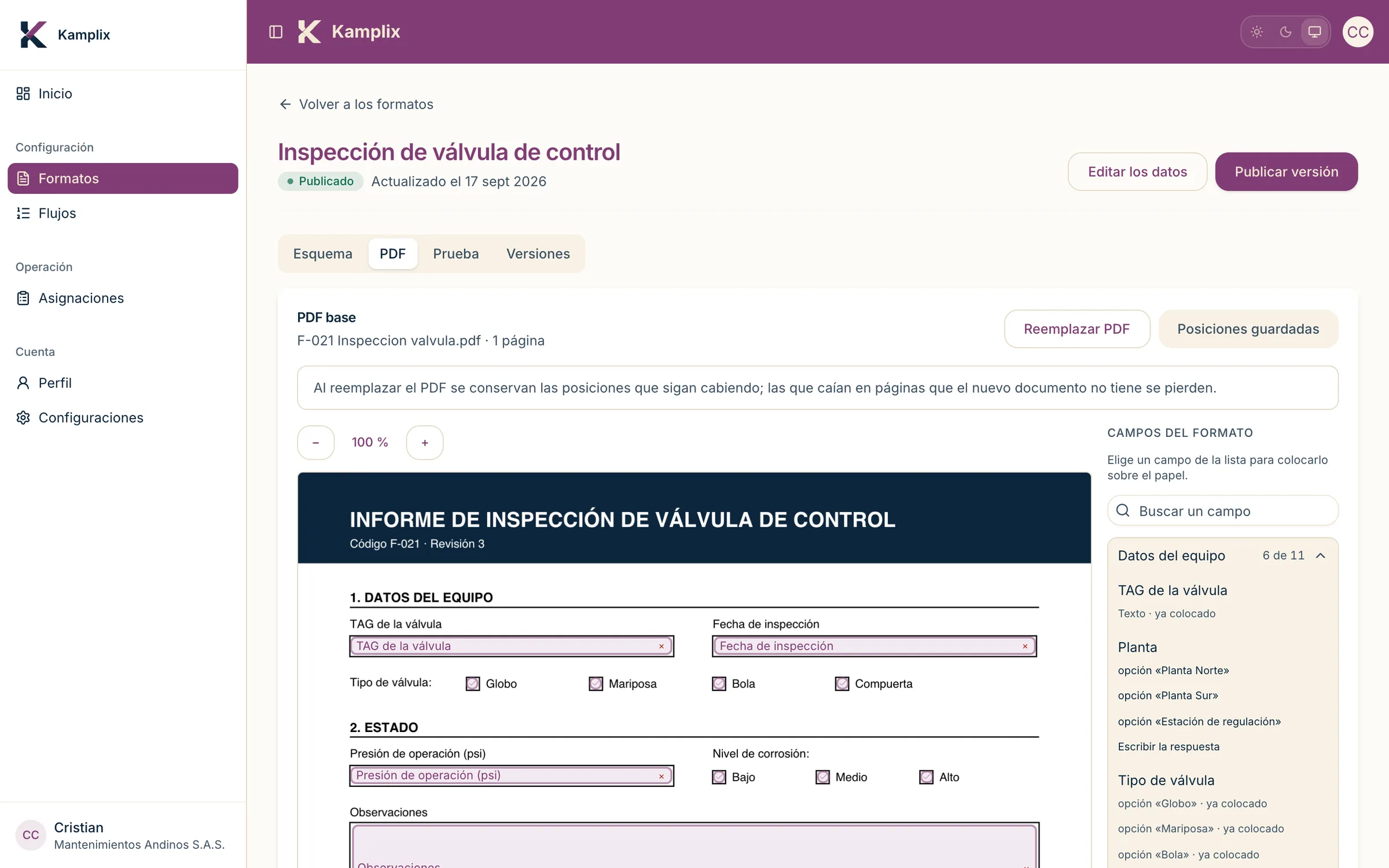 Constructor de formatos de Kamplix con las secciones y campos de una inspección